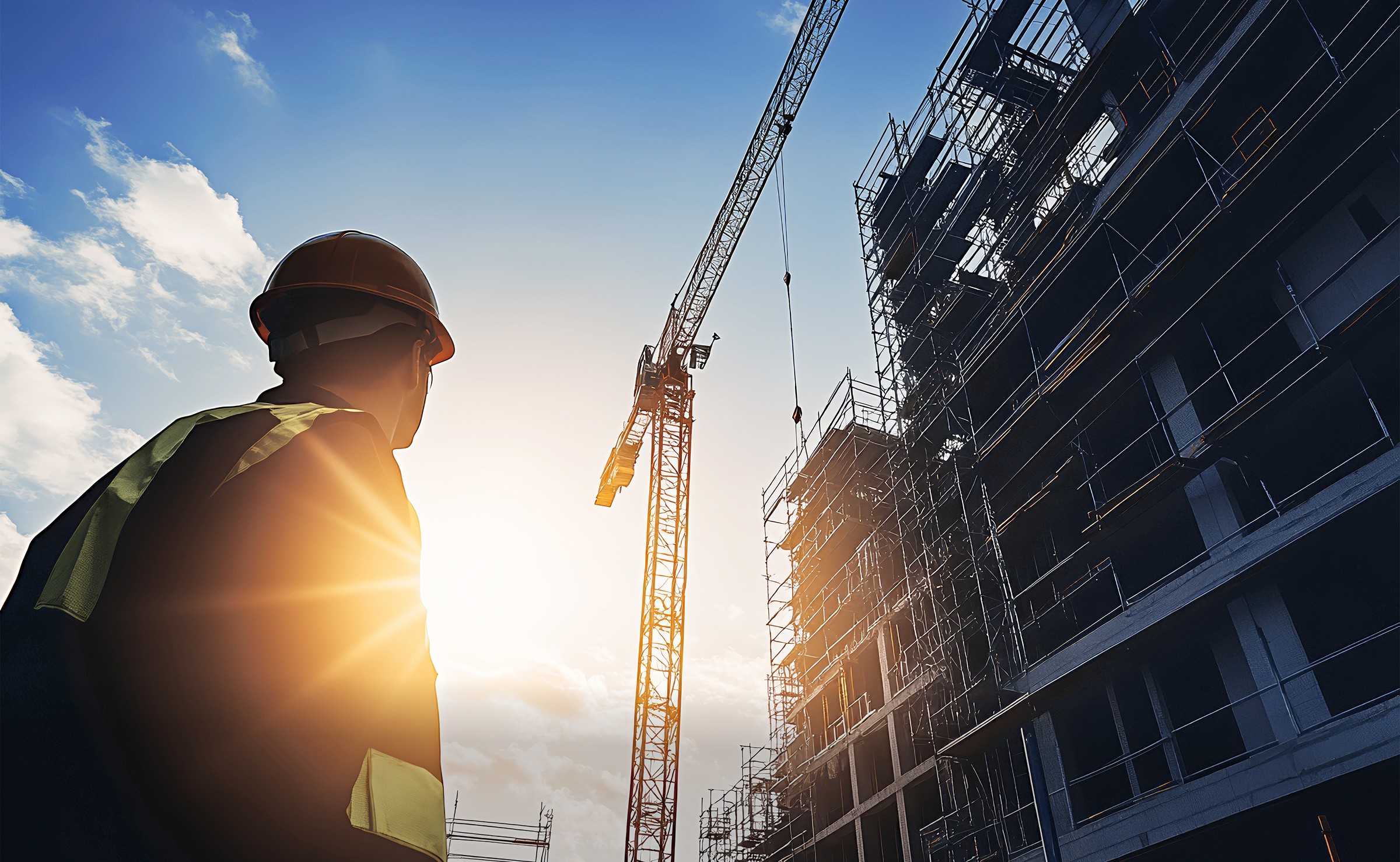 建設中の建物を下から見ている男性の写真。差し込む日光が未来を明るく照らしている様子を象徴した画像